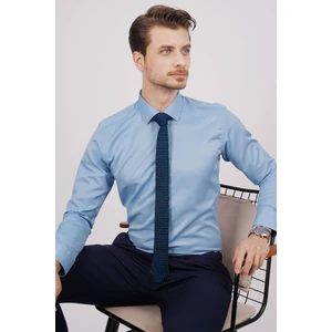 Gömlek Kravat Seti (Hediye Kutulu Indigo Örgü Desenli Kravat & Şeker Mavisi Saten Slimfit Gömlek)