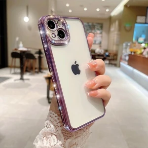 iPhone 13 Taşlı Kamera Korumalı Parlak Swarovski Şeffaf Silikon Telefon Kılıfı
