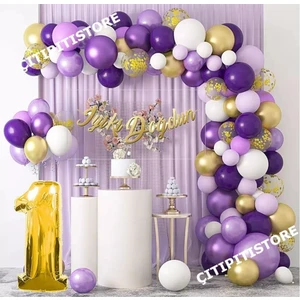 Çıtı Pıtı Store 1 Yaş Macaron Mor Balon Zinciri Seti Gölge Mor Altın Balon Dekorasyon