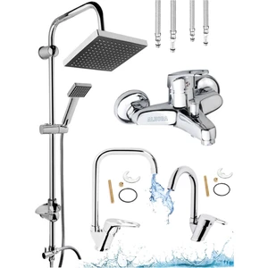 4'lü Full Set Robot Duş Seti, Krom Banyo, Krom Köşe Eviye ve Baston Lavabo Bataryası Musluğu
