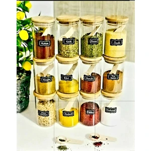 Kitchen Pembelia 12'li Etiketli Bambu Kapaklı CAM250ML Baharatlık ve 12 Adet Baharat Kaşığı 24 Parça Baharatlıkset