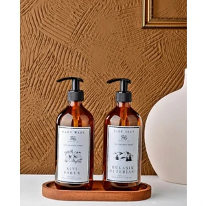 Kitchen Pembelia Ahşap Standlı 2'li 500ML Amber Cam Sabunluk Set