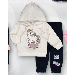 Novy Baby Kapşonlu Unicorn Aplike Nakışlı Sim Baskılı Kız Bebek 2'li Takım 0-2 Yaş