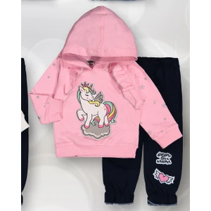 Novy Baby Kapşonlu Unicorn Aplike Nakışlı Sim Baskılı Kız Bebek 2'li Takım 0-2 Yaş