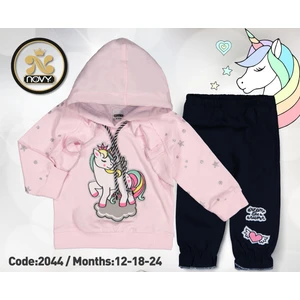 Novy Baby Kapşonlu Unicorn Aplike Nakışlı Sim Baskılı Kız Bebek 2'li Takım 0-2 Yaş