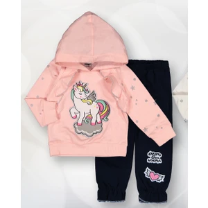 Novy Baby Kapşonlu Unicorn Aplike Nakışlı Sim Baskılı Kız Bebek 2'li Takım 0-2 Yaş