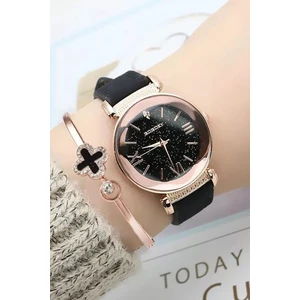 Gogoey Kadın Kol Saati + Bileklik Lüks Moda Şık Trend Bayan Saat Siyah Rose Gold