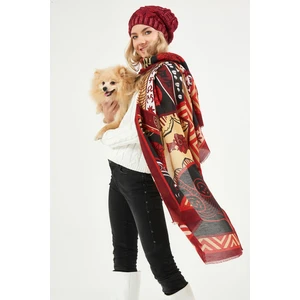 Retro Desenli Akrilik Kadın Şal - Bordo - PS2480575