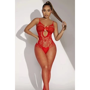 Gece Modası Kadın Kırmızı File Bodysuit Fantazi Vücut Çorabı