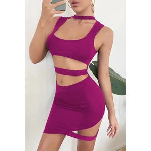 Gece Modası Fuşya Göbeği Açık Mini Elbise