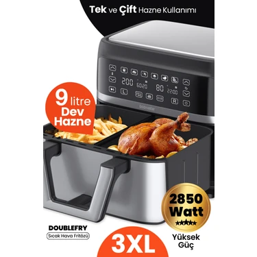 Goldmaster Doublefry 2850W 9 Litre 3xl Dev Tek ve Çift Hazneli Dokunmatik Airfryer Yağsız Sıcak