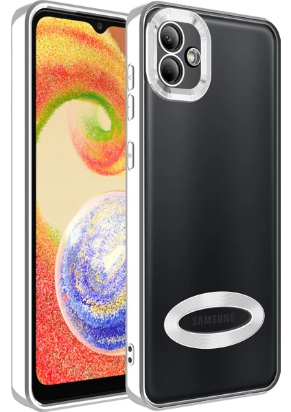 Samsung Galaxy A04 Kılıf Logo Gösteren Parlak Kenarlı Kamera Lens Korumalı Şeffaf Omega Silikon Kapak