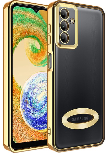 Samsung Galaxy A04S Kılıf Logo Gösteren Parlak Kenarlı Kamera Lens Korumalı Şeffaf Omega Silikon Kapak