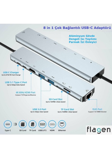 Huawei Matebook 14 Type-C Çoğaltıcı 8 In 1 Ethernet Sd USB HDMI