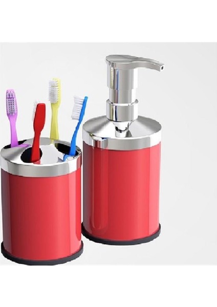Kırmızı Dörtlü Banyo Seti (Çöp Kovası-Fırça-Sabunluk-Diş Fırçalık) indirimleri