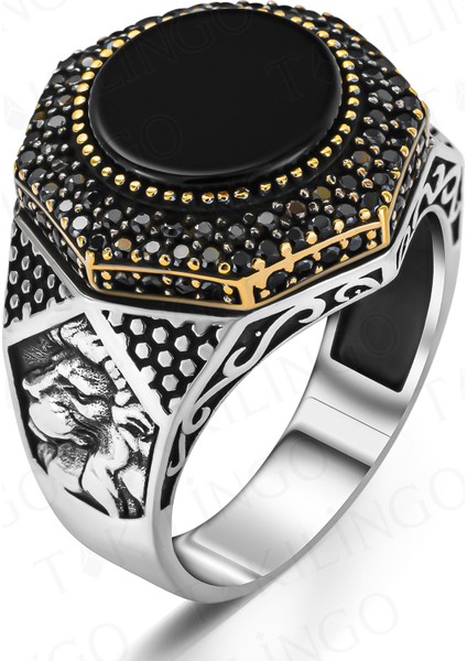 925 Ayar Gümüş Zirkon Taşlı Aslan Motifli Erkek Yüzük