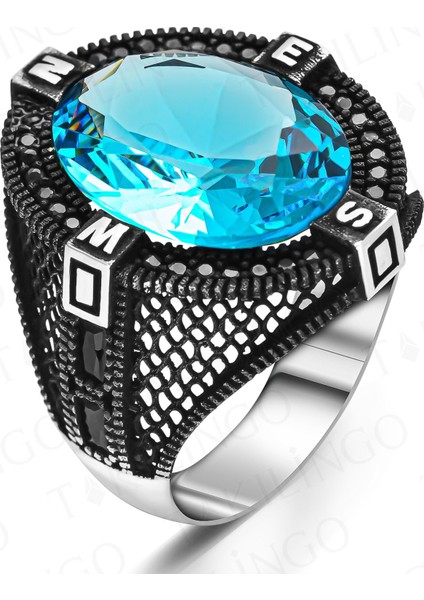 925 Ayar Gümüş Pusul Motifli Aquamarin Erkek Yüzük