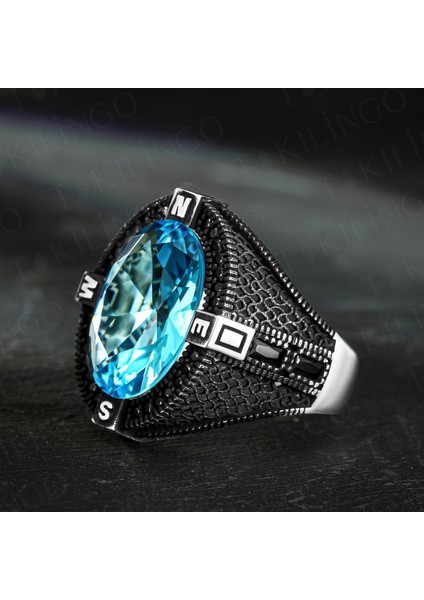 925 Ayar Gümüş Pusul Motifli Aquamarin Erkek Yüzük fiyatları
