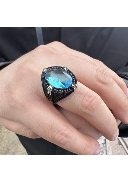 925 Ayar Gümüş Pusul Motifli Aquamarin Erkek Yüzük modelleri