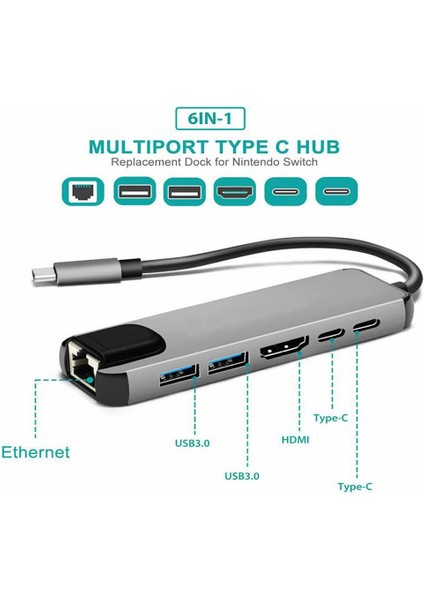 6 Arada 1 USB C Hub USB Tipi.1 Adaptör Dock W/ 4K Pd Şarjı (Yurt Dışından)