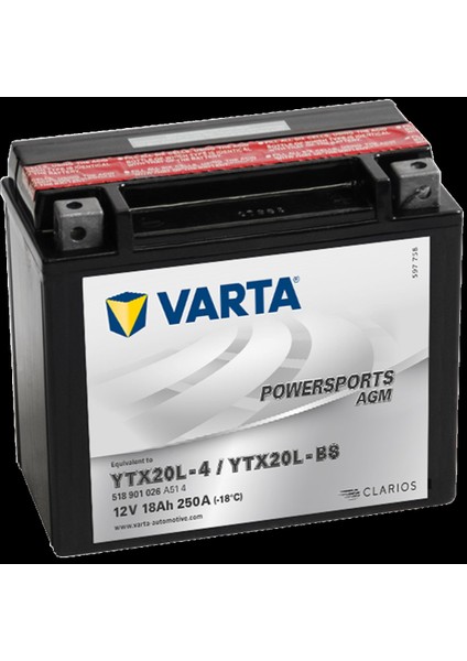 YTX20L-BS 12V18AH Bakımsız Agm Motosiklet Aküsü