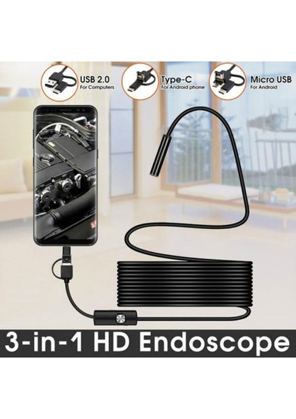 Endoskop 3 In 1 Yılan Kamera Usb Micro Usb Type-C 5 Mt Sert Kablo