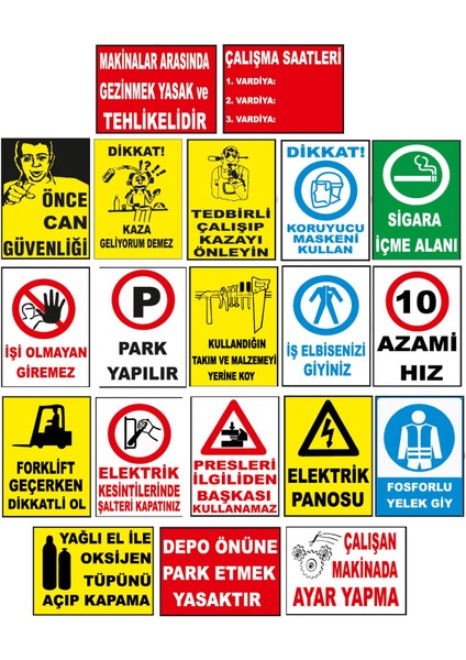 Atölye Fabrika İşyeri İş Güvenliği Uyarı Levhası - 20 Adet Pvc Levha