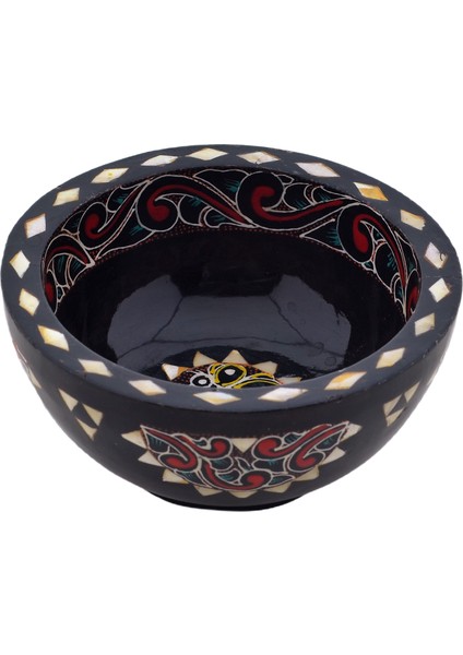 Sedef Işlemeli El Boyası Ahşap Dekoratif Antik Görünümlü Kase No4 (11.7 x 5.5 Cm)