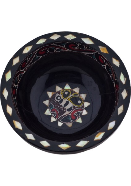 Sedef Işlemeli El Boyası Ahşap Dekoratif Antik Görünümlü Kase No4 (11.7 x 5.5 Cm)