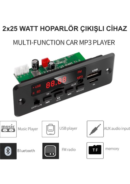 2 x 25 watt hoparlör çıkışlı Dekoder USB Bluetooth Tf Kart Fm Radio Mp3 Player