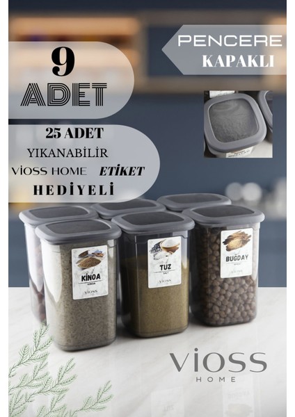 9 Adet Bella Büyük Boy Erzak Saklama Kabı Seti Etiketli Antrasit - 1200 ml Süper Set