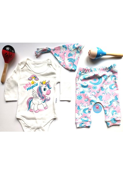 Mevsimlik Unicornn Desenli Bere Pantolon Çıtçıtlı Badili 3lü Takım
