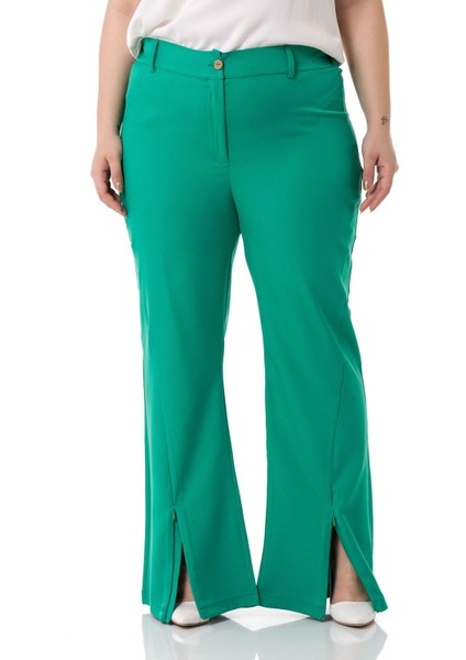 Büyük Beden Paçası Fermuarlı Beli Arkadan Lastikli Yeşil Pantolon