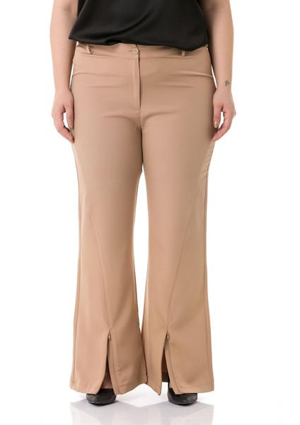 Büyük Beden Paçası Fermuarlı Beli Arkadan Lastikli Vizon Pantolon