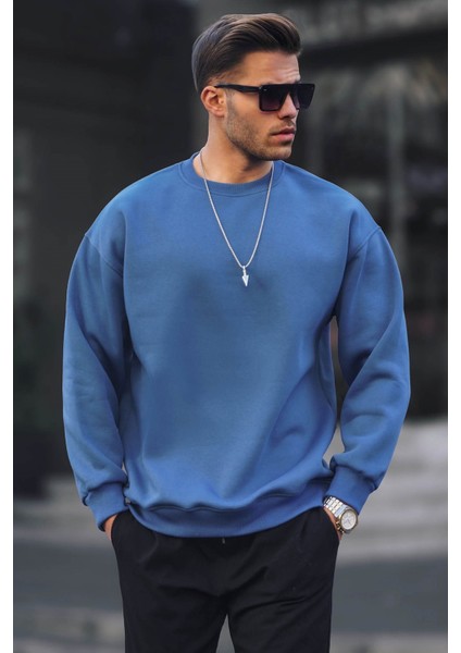 Indigo Bisiklet Yaka Oversize Şardonlu Basic Erkek Sweatshirt 6048