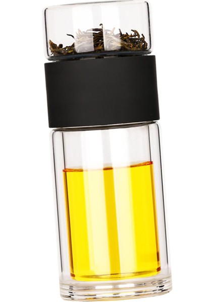 Taşınabilir Dış Mekan Çift Duvarlı Çay Cam Su Şişesi Sızıntılı Siyah