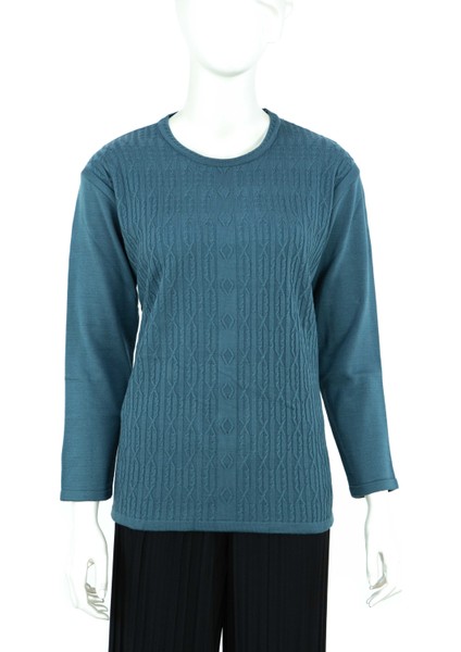 Kadın Kışlık Kendinden Motifli Yuvarlak Yakalı Normal Kesim Likralı Pamuklu Triko Dokuma Anne Kazak modelleri