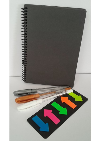 Çilek Home Avm 50 Sayfa Siyah Telli Defter -Beyaz* Gri* Altın* Renk Jel Kalem- 1 Renkli Sticker