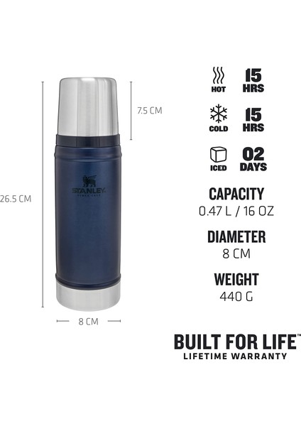 Klasik Vakumlu Paslanmaz Çelik Termos, 0.47 L, Lacivert