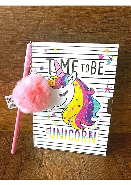 Çilekhomeavm Unicorn Kilitli Hatıra ve Günlük Defteri-Unicorn Ponpon Peluş Kalem Seti