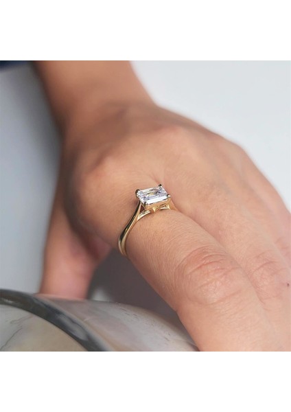 Gümüş Yüzük - 1.10 Ct Pırlanta Swarovski Taşlı Octagon Tektaş 925 Ayar Gümüş Evlilik Teklifi Yüzüğü