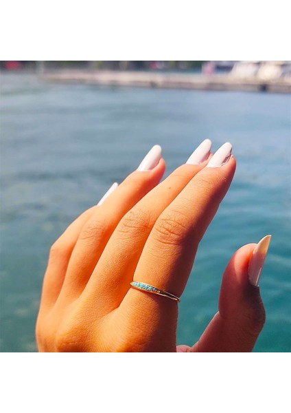 Gümüş Yüzük - Minimal Badem Firuze Sıra Taşlı 925 Ayar Gümüş Alyans fiyatları