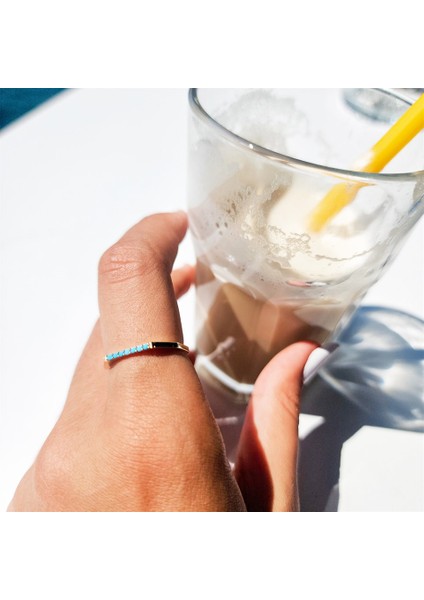 Gümüş Yüzük - Altıgen Sıra Çizgi Firuze Taşlı 925 Ayar Gümüş Alyans fırsatları