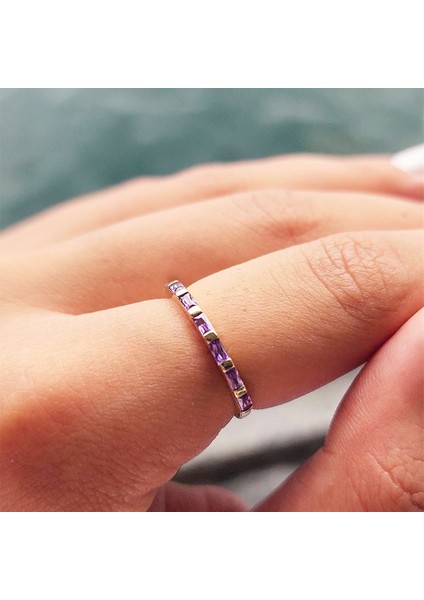 Gümüş Yüzük - Ametist Taşlı Sıralı Baget Modern 925 Ayar Gümüş Alyans-Modern Eklem Yüzüğü