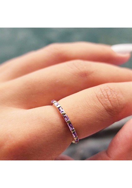 Gümüş Yüzük - Ametist Taşlı Sıralı Baget Modern 925 Ayar Gümüş Alyans-Modern Eklem Yüzüğü fiyatları