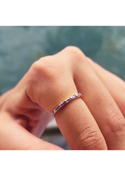 Gümüş Yüzük - Ametist Taşlı Sıralı Baget Modern 925 Ayar Gümüş Alyans-Modern Eklem Yüzüğü modelleri