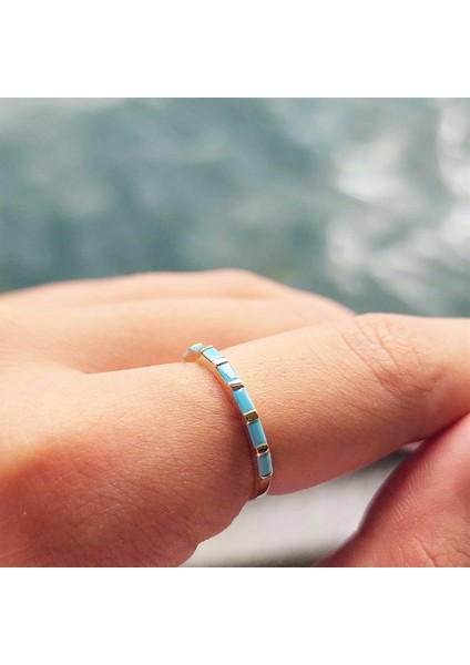 Gümüş Yüzük - Firuze Taşlı Sıralı Baget Modern 925 Ayar Gümüş Alyans-Modern Eklem Yüzüğü