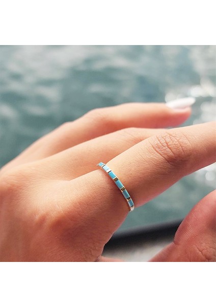 Gümüş Yüzük - Firuze Taşlı Sıralı Baget Modern 925 Ayar Gümüş Alyans-Modern Eklem Yüzüğü modelleri