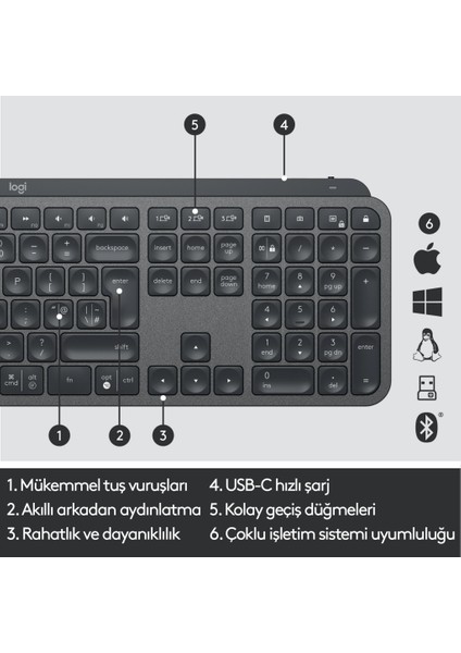 Logıtech Mx Keys, 920-010087, Bluetooth, Türkçe Q, Multimedya, Aydınlatmalı, Klavye