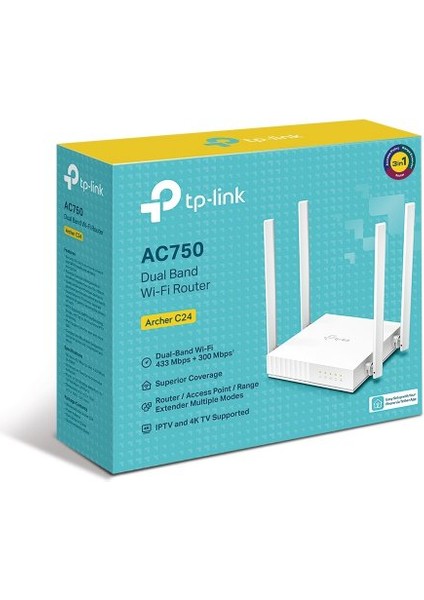 Archer C24, AC750, 4port, 433MBPS, Dual Band Wifi, Masaüstü, Megabit, Router, Access Point, Range Extender